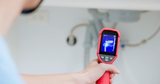 home inspector is using thermal imager to check water leakage situation at kitchen sink